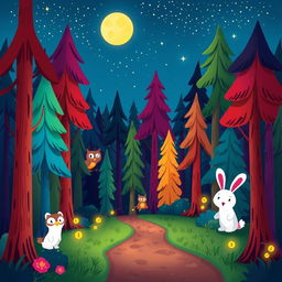 A whimsical cartoon scene set in a vibrant forest at night, filled with tall, colorful trees and a starry sky