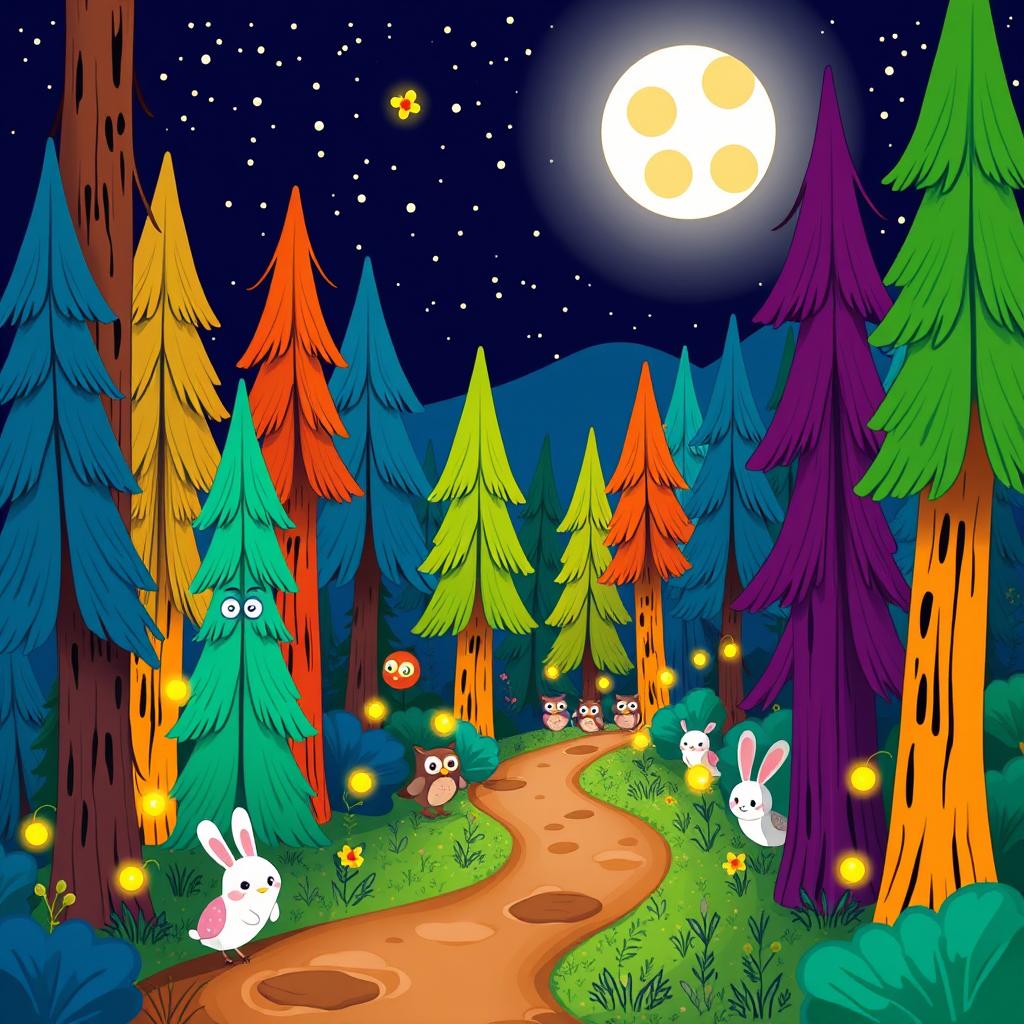 A whimsical cartoon scene set in a vibrant forest at night, filled with tall, colorful trees and a starry sky