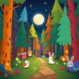 A whimsical cartoon scene set in a vibrant forest at night, filled with tall, colorful trees and a starry sky