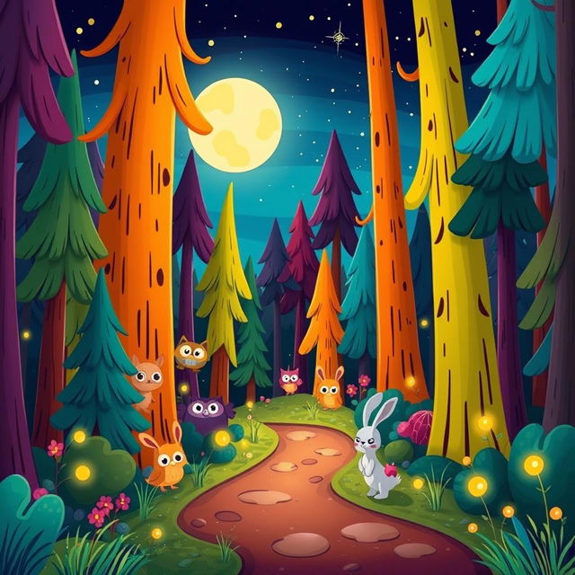 A whimsical cartoon scene set in a vibrant forest at night, filled with tall, colorful trees and a starry sky