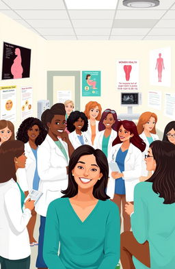 An educational illustration of a busy gynecological clinic, featuring a diverse group of women of different ages and ethnic backgrounds being attended by healthcare professionals wearing lab coats