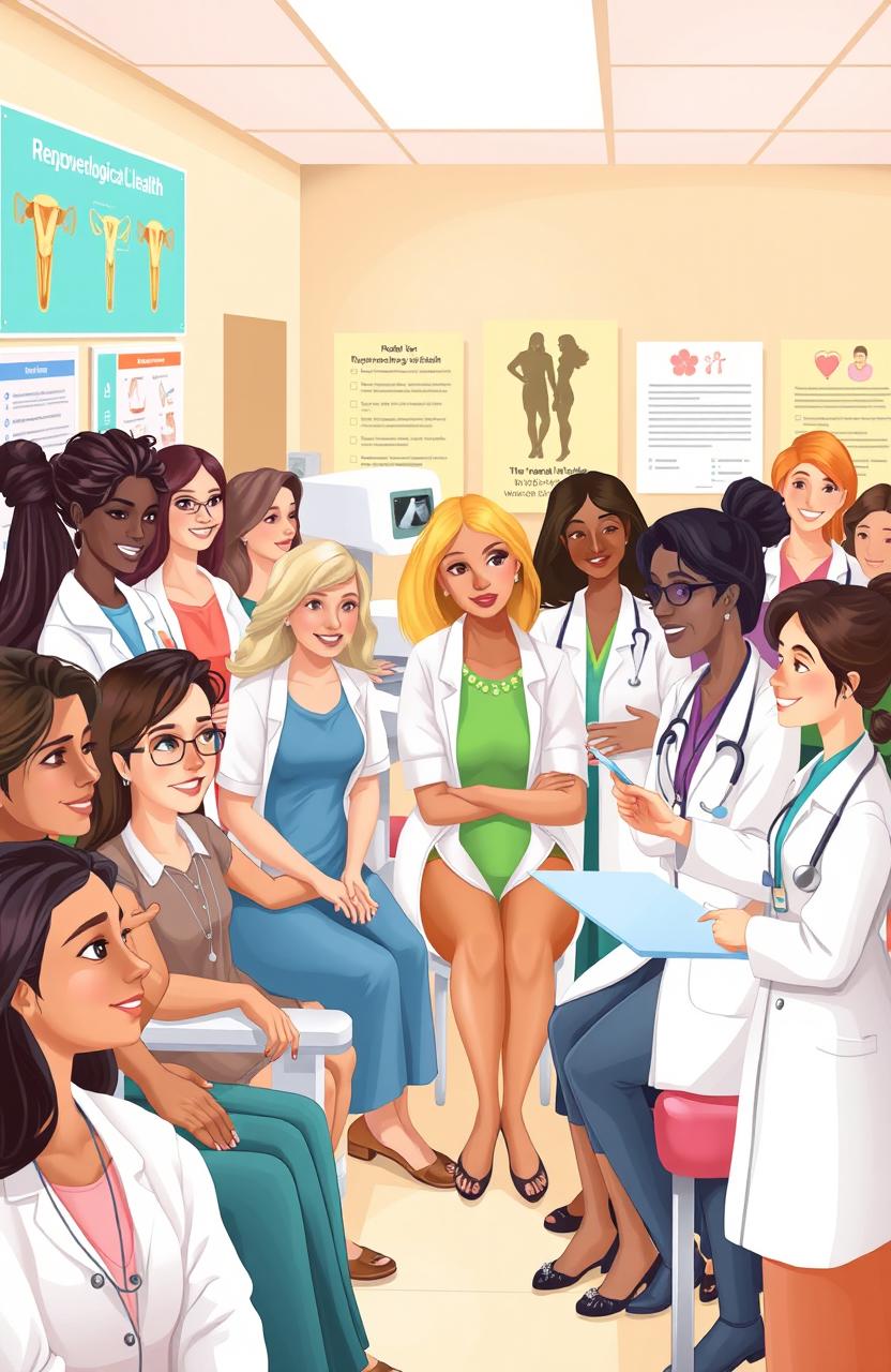 An educational illustration of a busy gynecological clinic, featuring a diverse group of women of different ages and ethnic backgrounds being attended by healthcare professionals wearing lab coats