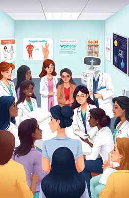 An educational illustration of a busy gynecological clinic, featuring a diverse group of women of different ages and ethnic backgrounds being attended by healthcare professionals wearing lab coats