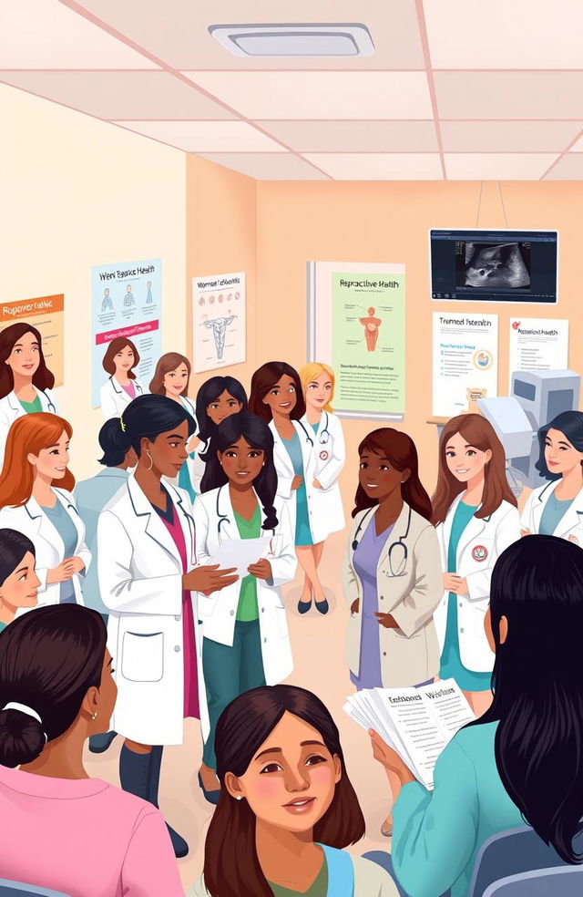 An educational illustration of a busy gynecological clinic, featuring a diverse group of women of different ages and ethnic backgrounds being attended by healthcare professionals wearing lab coats