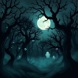 A dark and eerie forest at night, designed in a horror cartoon style