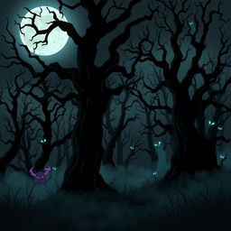 A dark and eerie forest at night, designed in a horror cartoon style