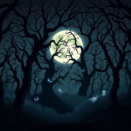 A dark and eerie forest at night, designed in a horror cartoon style