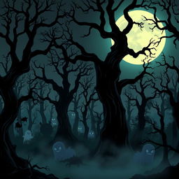 A dark and eerie forest at night, designed in a horror cartoon style