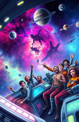 A vibrant and exciting scene depicting galactic adventures, featuring a diverse crew of space explorers aboard a futuristic spaceship