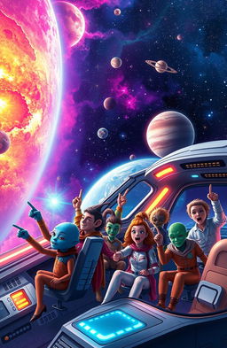 A vibrant and exciting scene depicting galactic adventures, featuring a diverse crew of space explorers aboard a futuristic spaceship