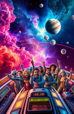 A vibrant and exciting scene depicting galactic adventures, featuring a diverse crew of space explorers aboard a futuristic spaceship