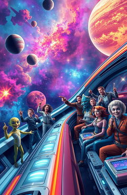 A vibrant and exciting scene depicting galactic adventures, featuring a diverse crew of space explorers aboard a futuristic spaceship