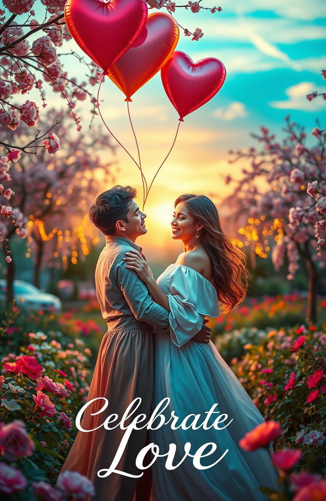 A romantic advertisement scene depicting a beautiful couple in a lush, vibrant setting, surrounded by blooming flowers