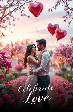 A romantic advertisement scene depicting a beautiful couple in a lush, vibrant setting, surrounded by blooming flowers