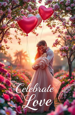 A romantic advertisement scene depicting a beautiful couple in a lush, vibrant setting, surrounded by blooming flowers