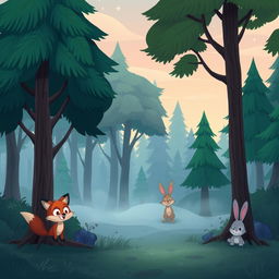 A whimsical cartoon-style forest scene capturing an unusual chill in the air