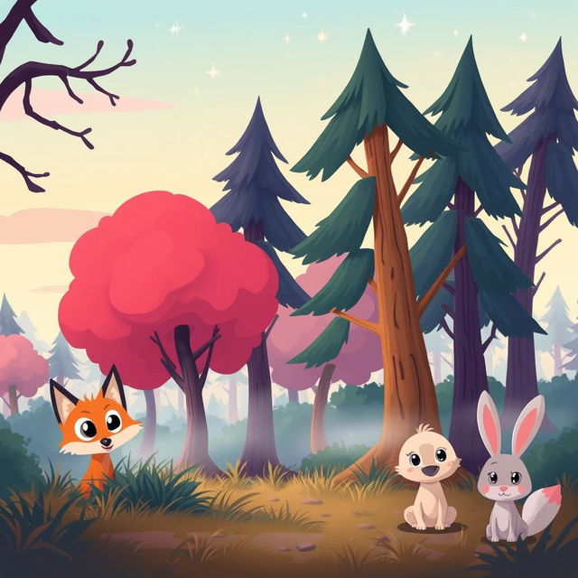 A whimsical cartoon-style forest scene capturing an unusual chill in the air