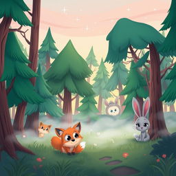 A whimsical cartoon-style forest scene capturing an unusual chill in the air