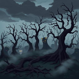 A cartoon-style forest shrouded in eerie mist, with twisted trees and dark shadows