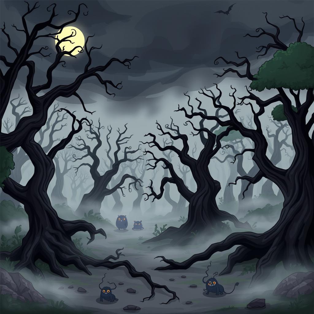 A cartoon-style forest shrouded in eerie mist, with twisted trees and dark shadows