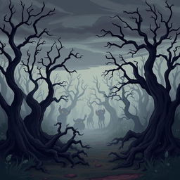 A cartoon-style forest shrouded in eerie mist, with twisted trees and dark shadows