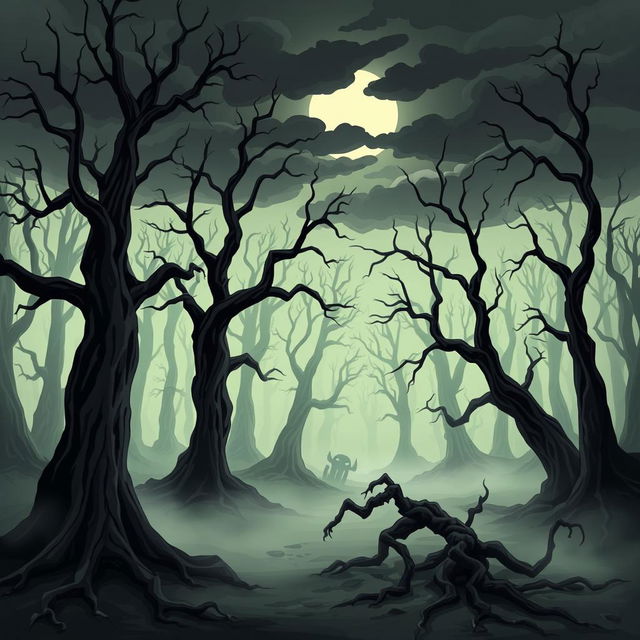 A cartoon-style forest shrouded in eerie mist, with twisted trees and dark shadows