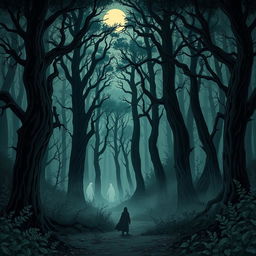 A dense forest scene engulfed in an eerie silence, illustrated in a horror cartoon style