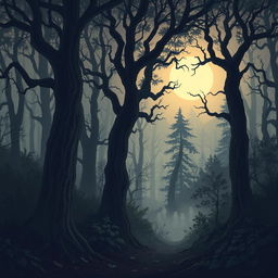 A dense forest scene engulfed in an eerie silence, illustrated in a horror cartoon style