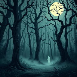 A dense forest scene engulfed in an eerie silence, illustrated in a horror cartoon style