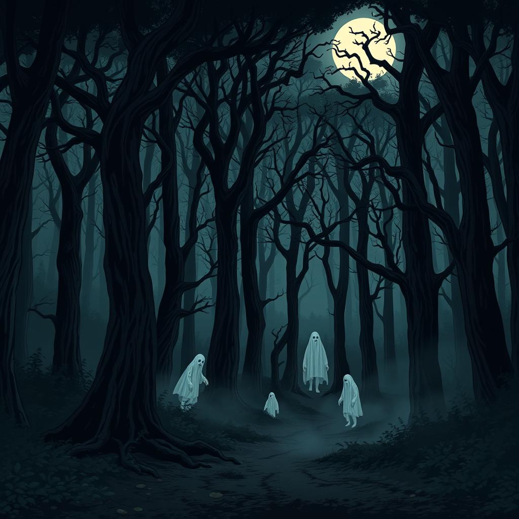 A dense forest scene engulfed in an eerie silence, illustrated in a horror cartoon style