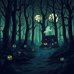 A spooky forest filled with tall, twisted trees and eerie shadows