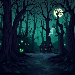 A spooky forest filled with tall, twisted trees and eerie shadows