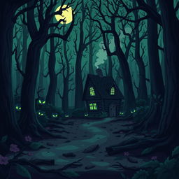 A spooky forest filled with tall, twisted trees and eerie shadows