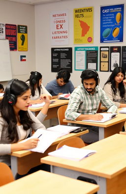 An IELTS listening test setting, showcasing students attentively listening to audio recordings, with headphones on, taking notes