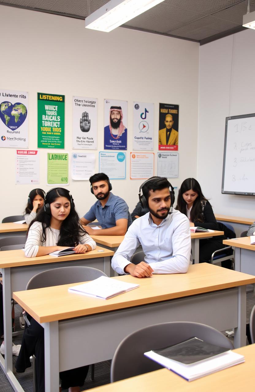 An IELTS listening test setting, showcasing students attentively listening to audio recordings, with headphones on, taking notes