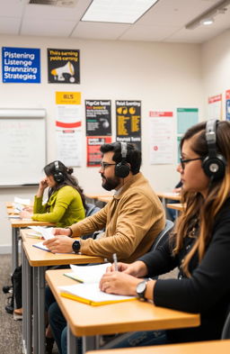 An IELTS listening test setting, showcasing students attentively listening to audio recordings, with headphones on, taking notes