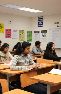 An IELTS listening test setting, showcasing students attentively listening to audio recordings, with headphones on, taking notes