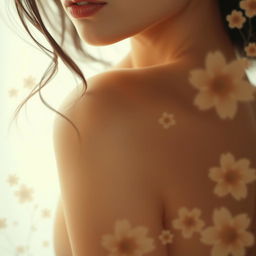 A close-up artistic representation of a beautiful female figure, emphasizing the contours of her body with soft lighting and abstract shapes around her to create an ethereal atmosphere