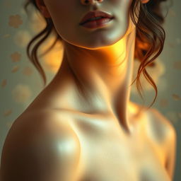 A close-up artistic representation of a beautiful female figure, emphasizing the contours of her body with soft lighting and abstract shapes around her to create an ethereal atmosphere