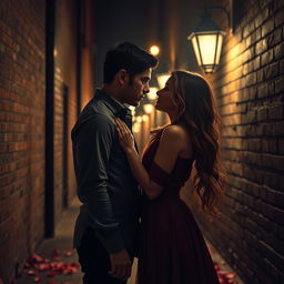 A dramatic and romantic scene set in a dimly lit urban alley at night, illuminated by the soft glow of street lamps