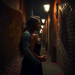 A dramatic and romantic scene set in a dimly lit urban alley at night, illuminated by the soft glow of street lamps