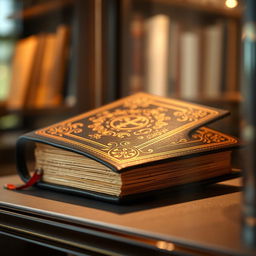 A close-up view of a beautifully bound classic book displayed inside a transparent glass case