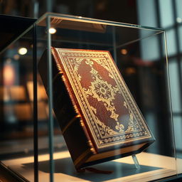 A close-up view of a beautifully bound classic book displayed inside a transparent glass case