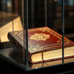 A close-up view of a beautifully bound classic book displayed inside a transparent glass case