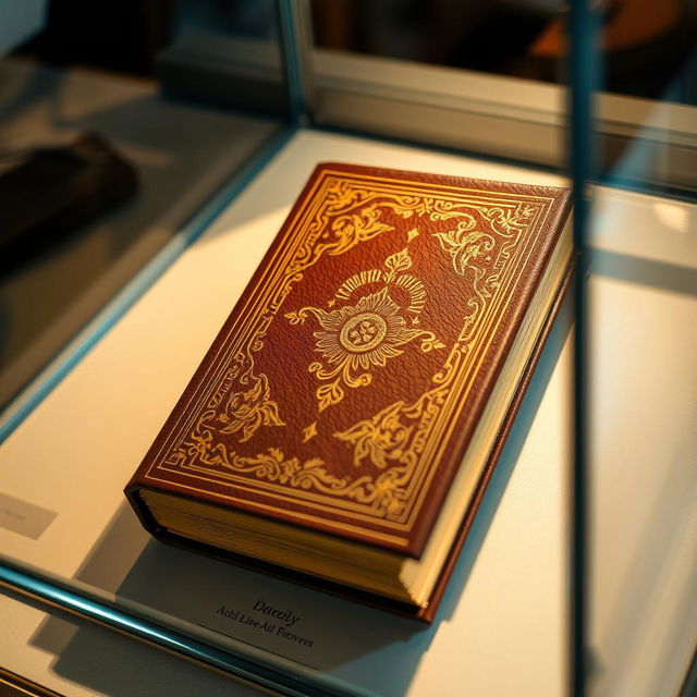 A close-up view of a beautifully bound classic book displayed inside a transparent glass case