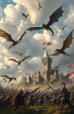 A large medieval fantasy battle scene set in the foreground with knights and warriors clashing swords, knights on horseback charging, and an array of fantasy creatures in combat