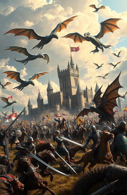 A large medieval fantasy battle scene set in the foreground with knights and warriors clashing swords, knights on horseback charging, and an array of fantasy creatures in combat