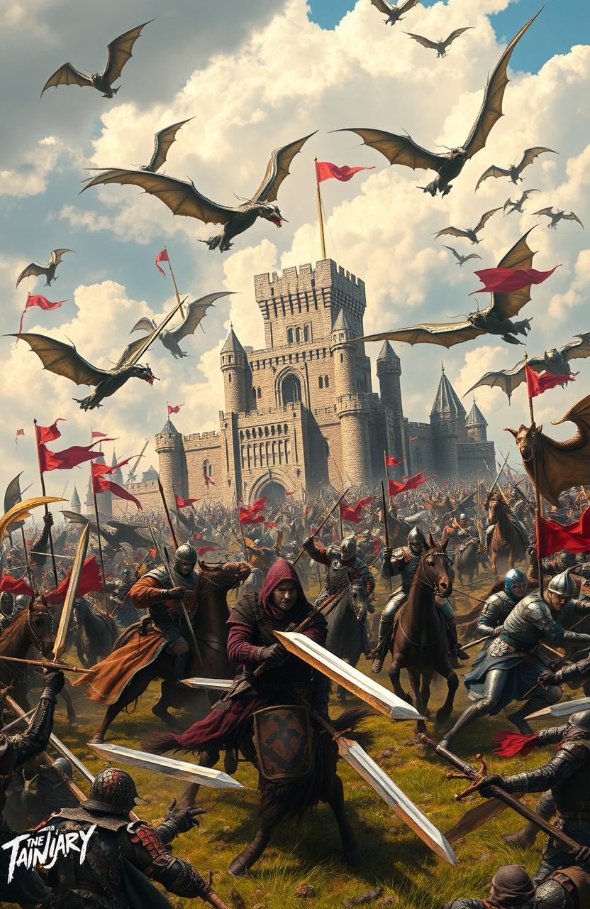 A large medieval fantasy battle scene set in the foreground with knights and warriors clashing swords, knights on horseback charging, and an array of fantasy creatures in combat