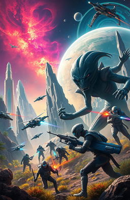 A futuristic scene depicting an alien planet called Lageco, shrouded in mystery