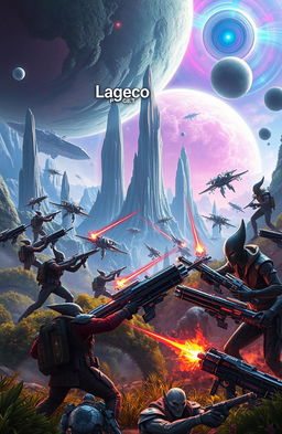 A futuristic scene depicting an alien planet called Lageco, shrouded in mystery